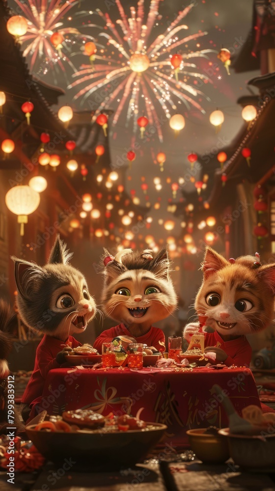 Three cats celebrating Chinese New Year
