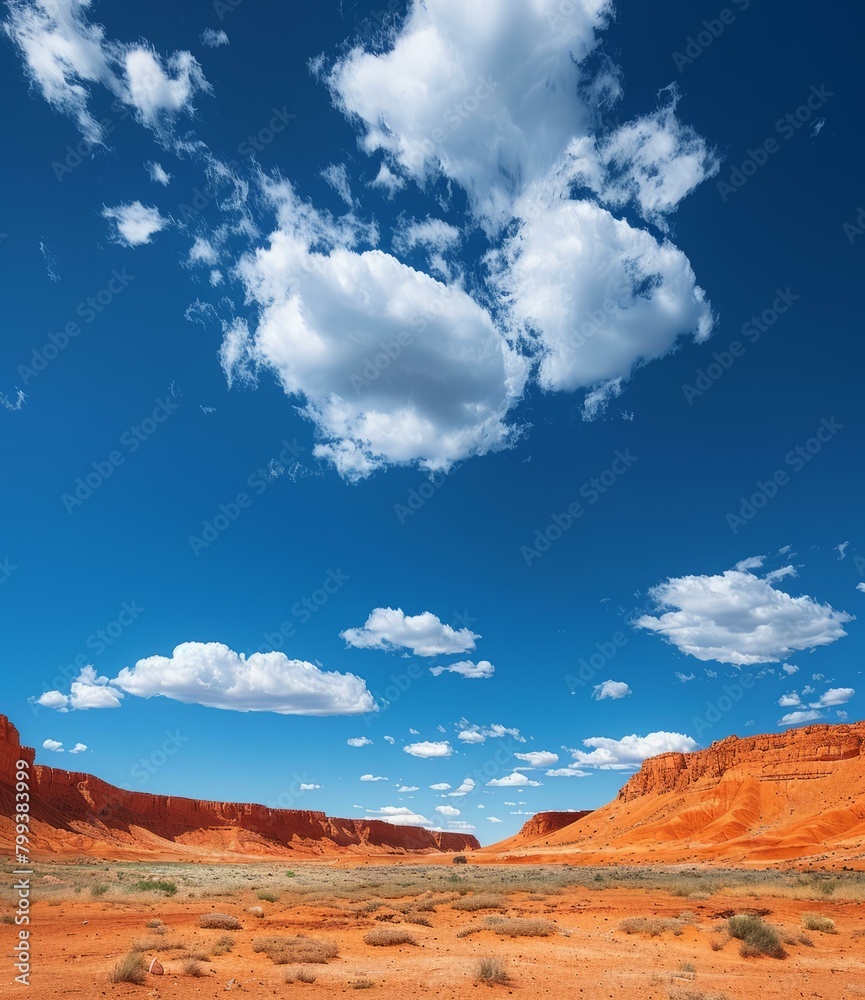 Red rock formations in the desert with blue sky and clouds