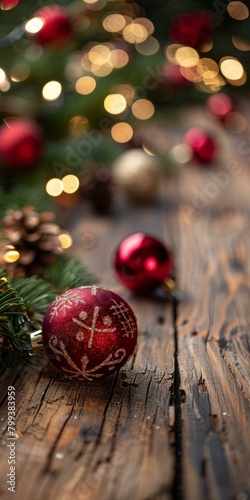 Red and gold Christmas ornaments on a wooden table