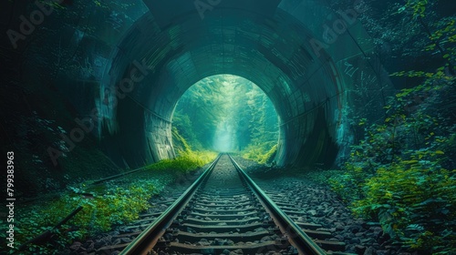 A tunnel with a train track in the middle. The tunnel is dark and the train is not visible