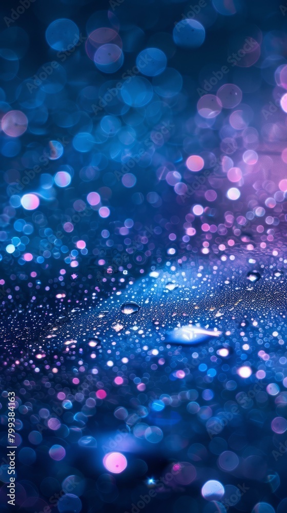 Raindrops on a blue surface with purple and pink highlights