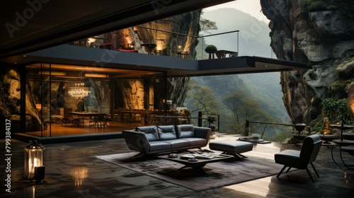 Modern house exterior design with mountain views