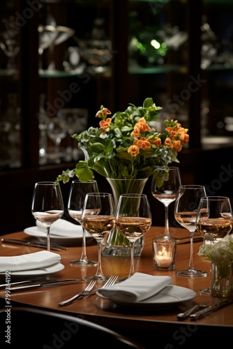 Elegant table setting with wine glasses and flowers