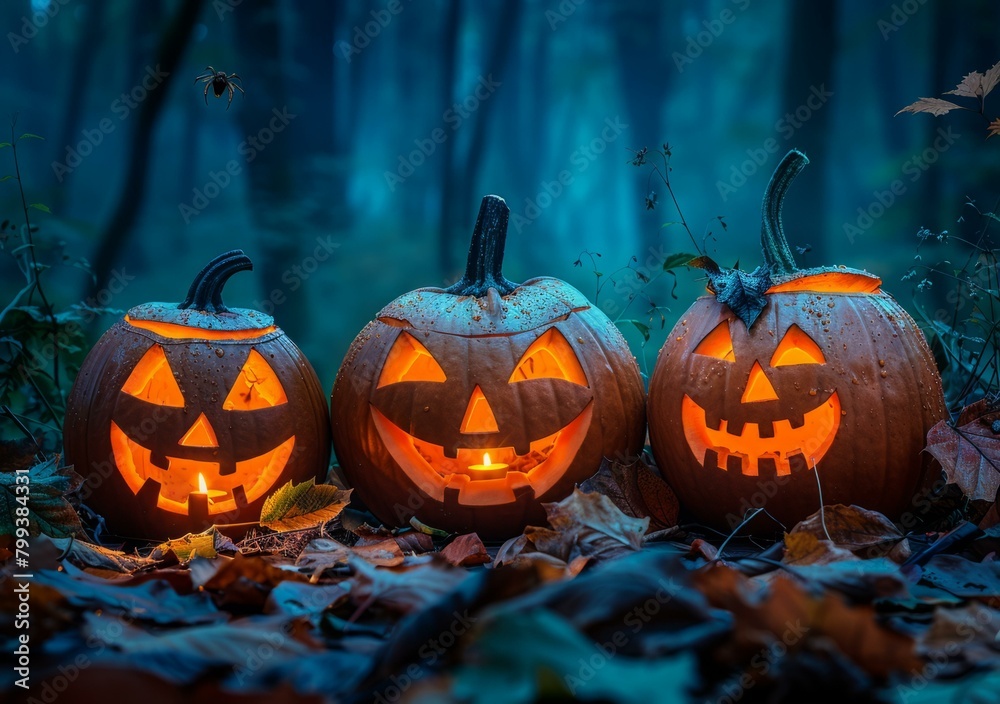 Fototapeta premium Three carved pumpkins sit in a spooky forest at night