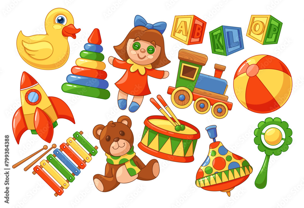Kids Toys Set. Rubber Duck, Pyramid, Doll and Train. Cubes, Rocket, Teddy Bear and Xylophone, Drum and Whirligig