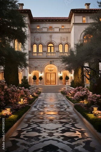 A magnificent mansion with a grand staircase leading up to the front door, surrounded by lush gardens and trees © Adobe Contributor