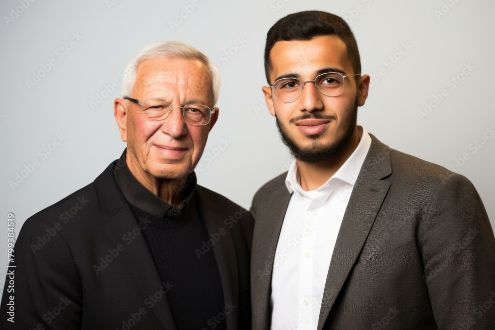 Portrait of an older man and a younger man, both wearing glasses and suits