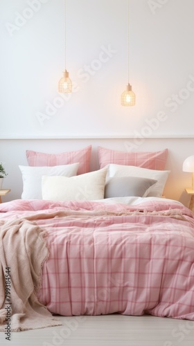 A cozy pink and white gingham bedding set with two hanging wicker pendant lights above the bed.