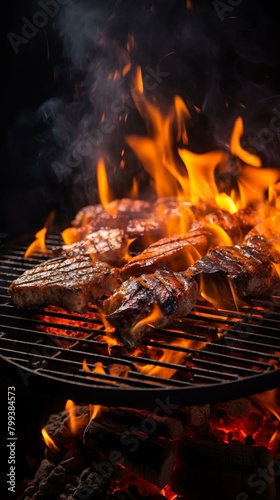 A group of pork steaks sizzling on a flaming hot grill
