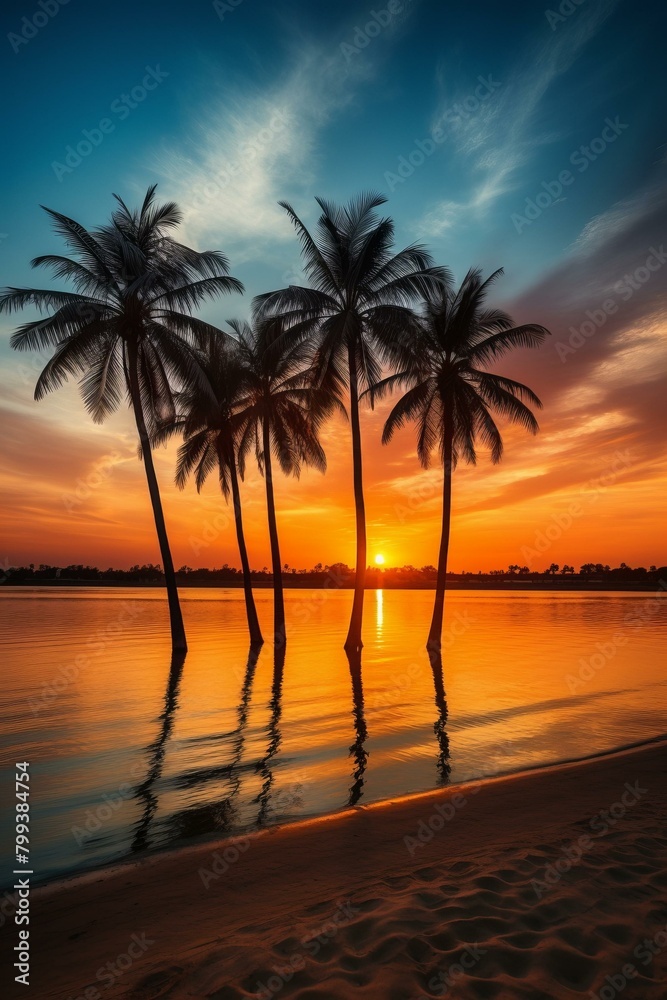 Palm trees on a tropical beach at sunset