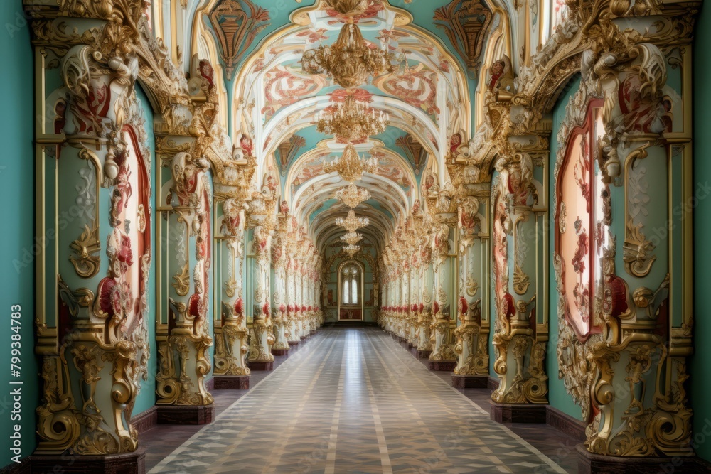 ornate hallway with green walls and colorful columns