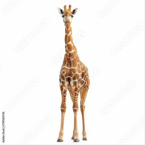 A tall giraffe standing on a white background