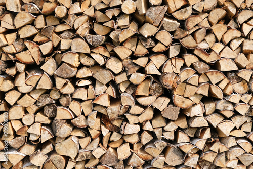 Neatly stacked stack of firewood, firewood for the fireplace, firewood, raw materials, wood rental, calorific value. photo