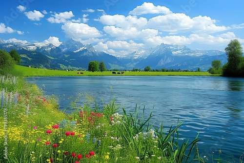 Alpine lake and mountains in Switzerland