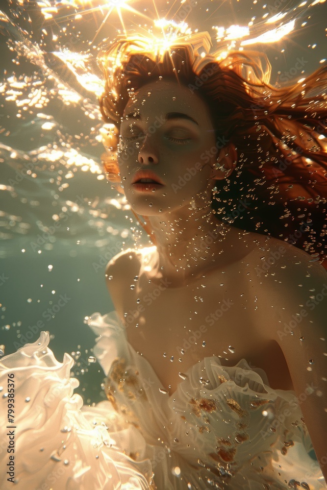 Portrait of a Woman with Red Hair and White Dress Underwater
