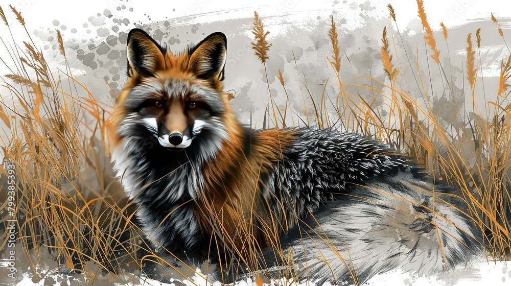 Fototapeta premium A fox sits amidst tall grass, with tall grass in the foreground and a gray sky as backdrop
