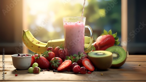 Strawberry, banana, and kiwi smoothie on a wooden table.