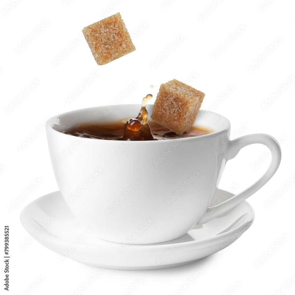 Coffee splashing in cup due to falling sugar cubes on white background Coffee splashing in cup due to falling sugar cubes on white background