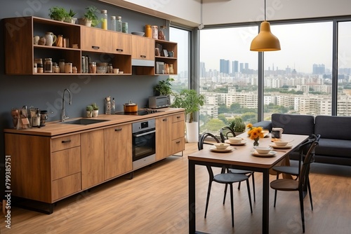 Modern kitchen with large windows and a city view