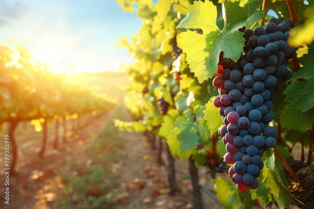 Close-up of a bunch of ripe red grapes in a vineyard at sunset
