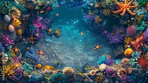 Undersea world with starfish and coral reefs