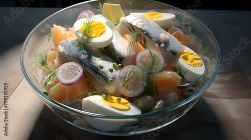 Salted herring salad with eggs and vegetables in a glass bowl.