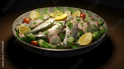 Fresh sardines in a glass bowl with vegetables on a wooden table