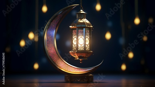 Ramadan Kareem greeting card. Ramadan lantern and crescent. 3D rendering
