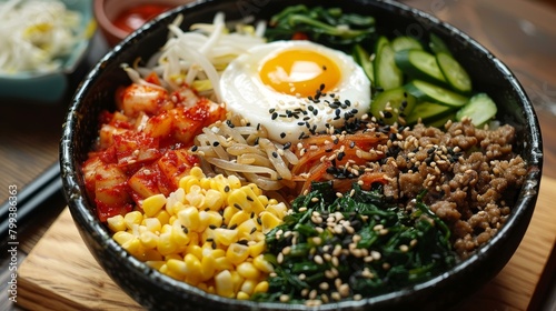 Korean Food, Bibimbap with egg, kimchi, cucumber, spinach and beef