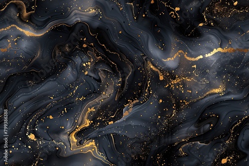A black and gold swirl pattern with gold specks. The gold specks are scattered throughout the pattern, creating a sense of movement and depth