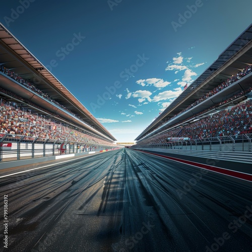 A long and empty Formula One race track with stadium seating on both sides