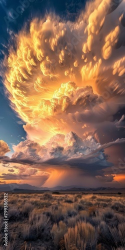 A large storm cloud looms over a desert landscape