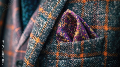 colorful pocket square in the breast pocket of a tweed jacket, focusing on how it complements the outfit's texture. photo