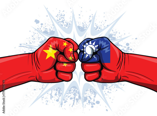 taiwan china war conflict tension punching fist flags concept side view illustration vector white background