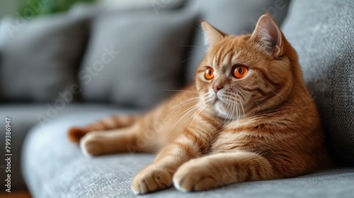 A ginger cat is lying on a gray sofa looking to the right © Adobe Contributor