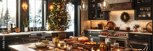 Cozy Holiday Cottage Interior, Sleek Black Kitchen