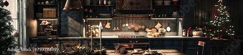 Cozy Holiday Cottage Interior, Sleek Black Kitchen