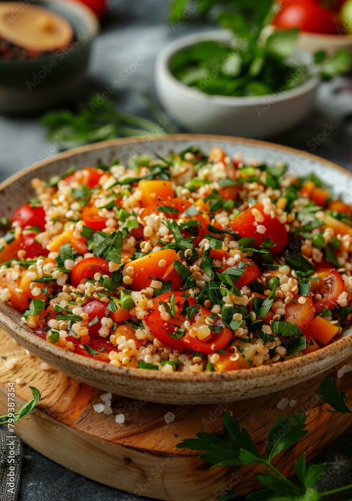 A delicious and healthy quinoa salad with fresh tomatoes, cucumbers, and parsley