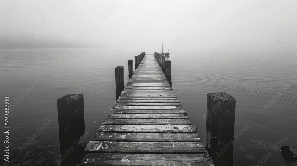 Obraz premium Wooden dock extending into a foggy lake