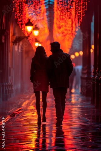 A couple of people are walking down a street with lights, AI © starush