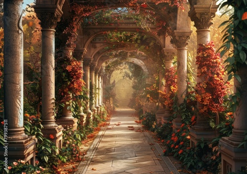 fantasy autumn park with stone archway and colorful flowers