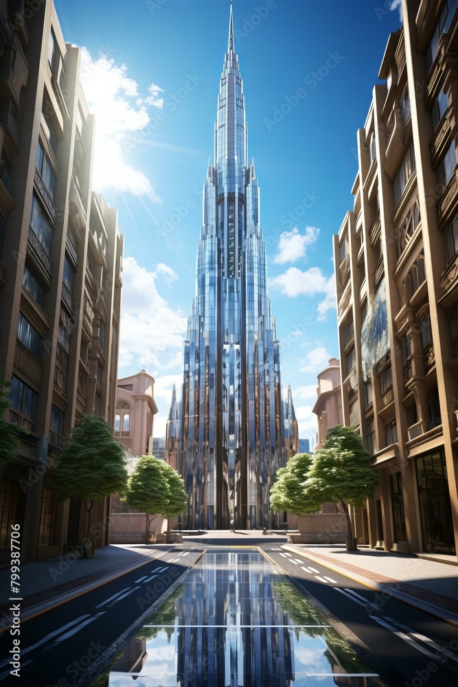 futuristic city with a tall glass skyscraper