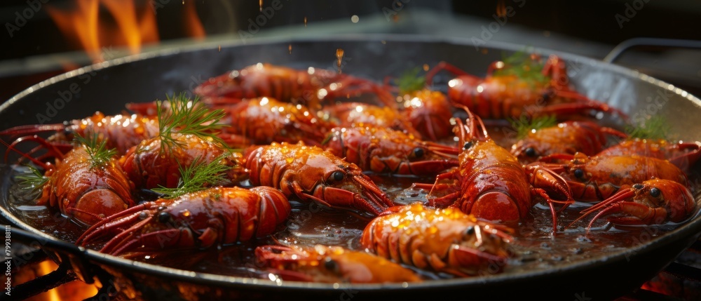 A delicious plate of crayfish sizzling in a pan A delicious plate of crayfish sizzling in a pan