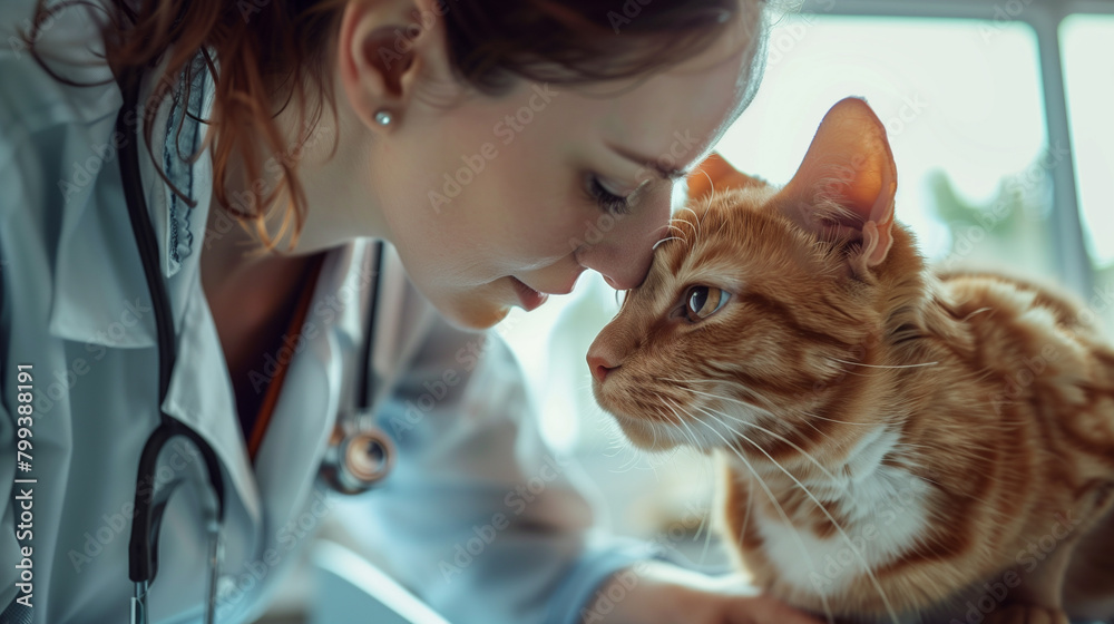 female veterinarian looking with affection to a cute cat at veterinarian clinic female veterinarian looking with affection to a cute cat at veterinarian clinic