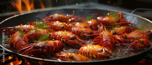 A delicious plate of crayfish sizzling in a pan