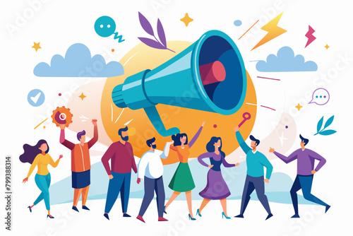 megaphone blasting out engaging content attracts a crowd of potential customers represented by colorful silhouettes.