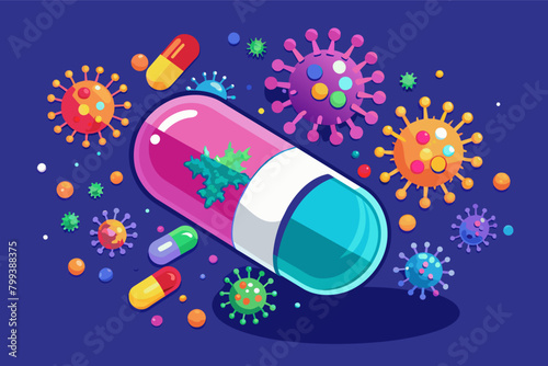 medicine capsule bursts open, releasing colorful antibodies that fight off invading pathogens.