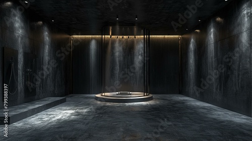 Black concrete room with round glass shower in the center