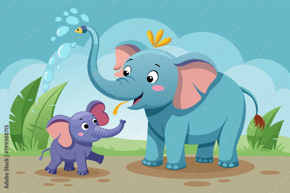 mama elephant playfully sprays water on her happy calf with its trunk. mama elephant playfully sprays water on her happy calf with its trunk.