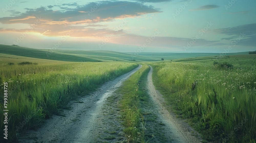 The Country Road Through The Green Field